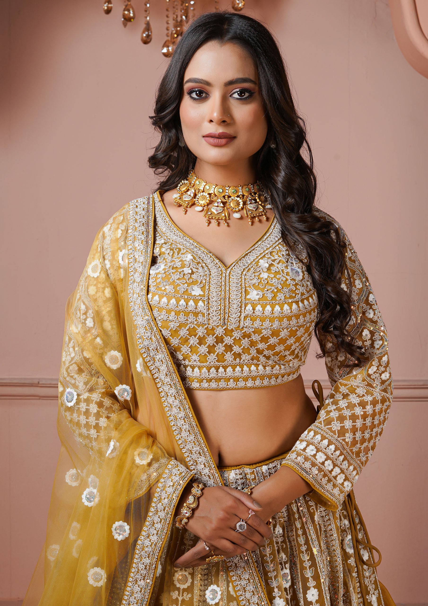 Mustard Yellow Net Embellished Lehenga Choli with Net Dupatta